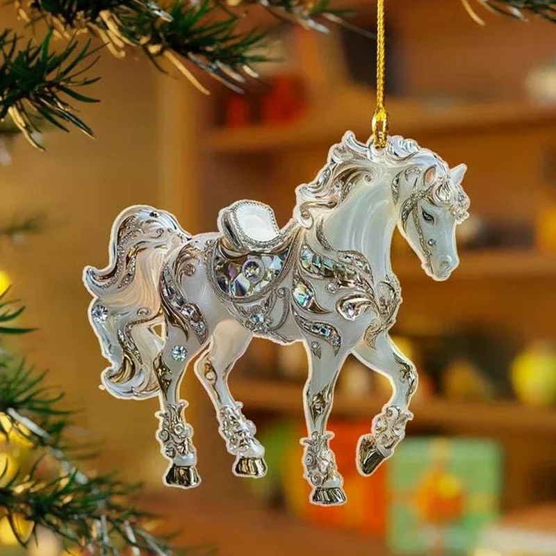 2D Acrylic Horse Car Rearview Mirror Pendant Charm Christmas Tree Ornament New Year Hanging Decoration