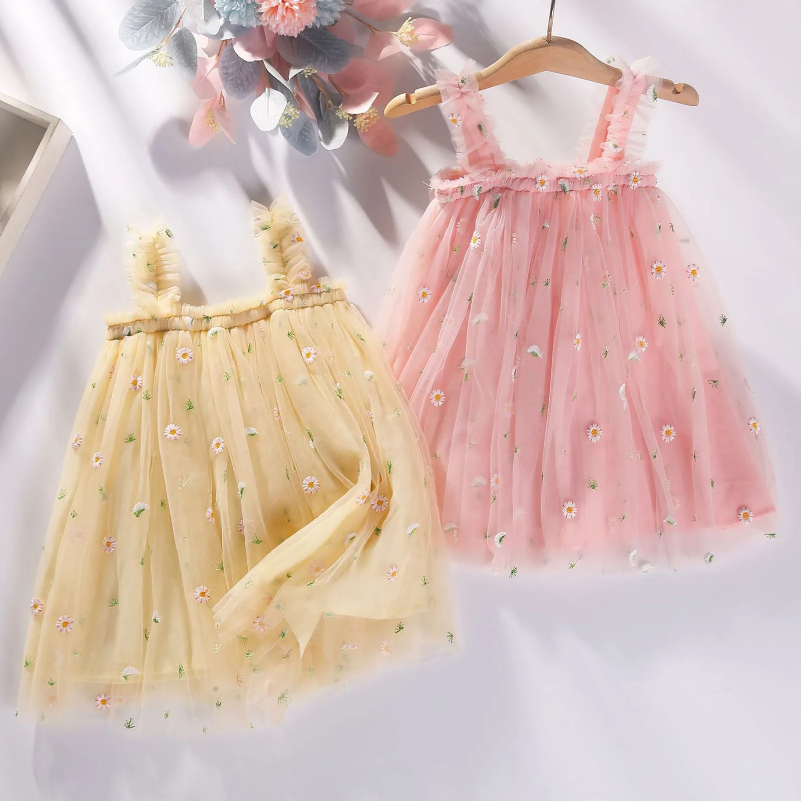 

1-6Y Toddler Kids Girls Daisy Dress Baby Girl Tulle Princess Birthday Party Dress Floral Summer Sleeveless Beach Tutu Dress 2023