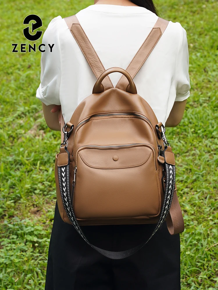 Zency Genuine Leather Women's Brown Backpack Multi-pocket Convertible Shoulder Bag Large Capacity Satchels for Work Travel