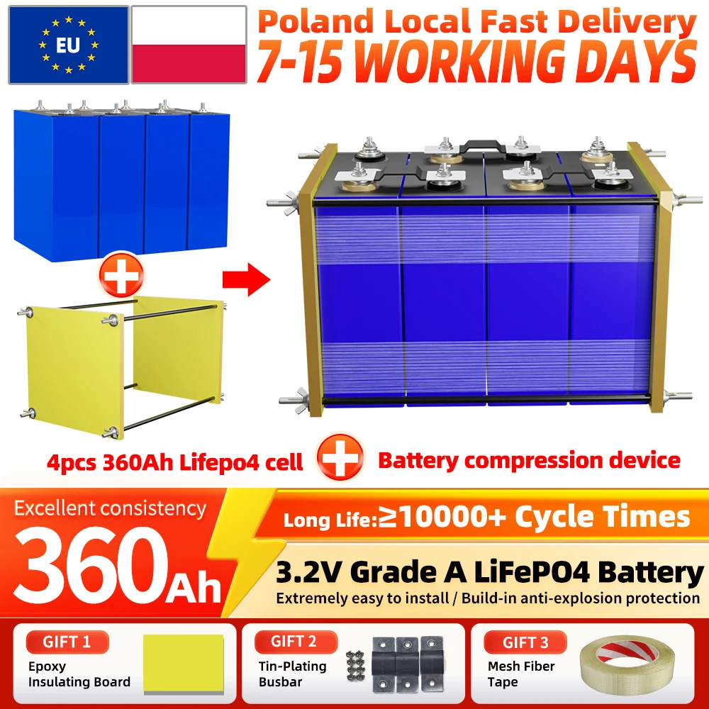 Akumulator 3.2V Lifepo4 360Ah, 10000 cykli, fabrycznie nowy, klasa A, pryzmatyczny, ładowalny element LFP z wbudowanym urządzeniem do kompresji akumulatora, inteligentny BMS, bardzo łatwy w