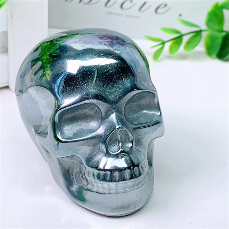 Natural Terahertz Skull Carving Sculpture, Healing Gemstone, Crystal Crafts for Home Decoration, Ornament, 1Pc, 8cm