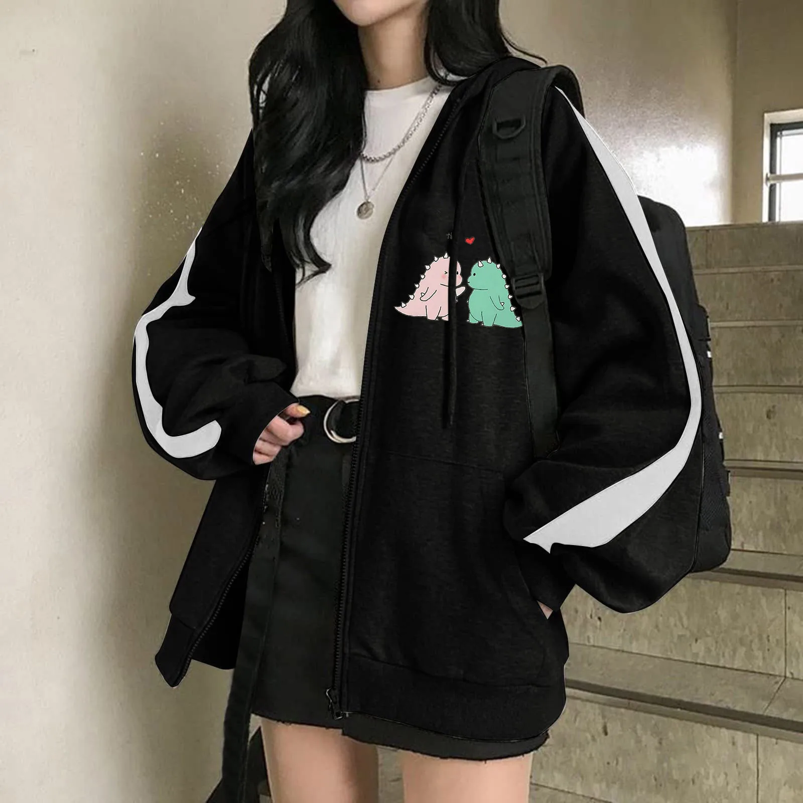 Women Casual Hooded Zip Jacket Dinosaur Print Hooded Drawstring Pocket Jacket Rain Jacket Womens Coat