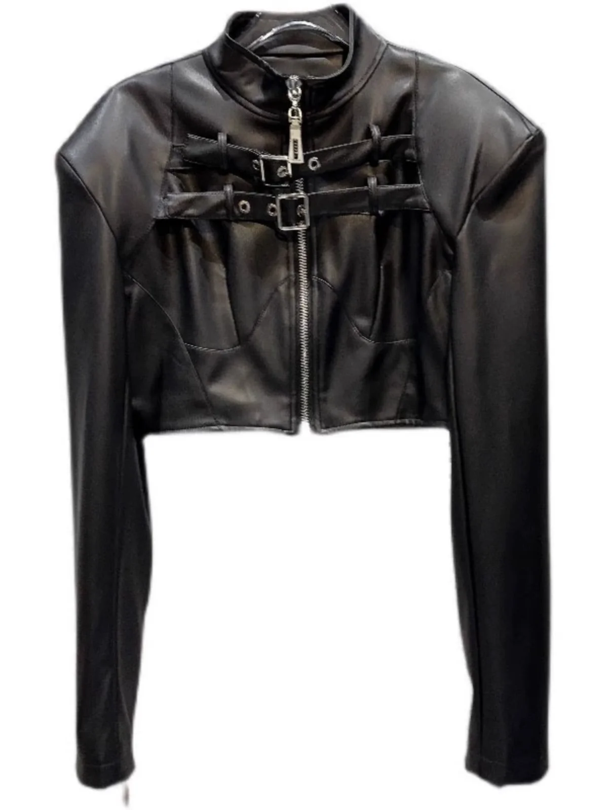 Frühling 2026 Punk Kurze Lederjacke für Damen, Modisches Design, Hohe Taille, Reißverschluss, Gewaschener PU-Mantel mit Blauem Riemen