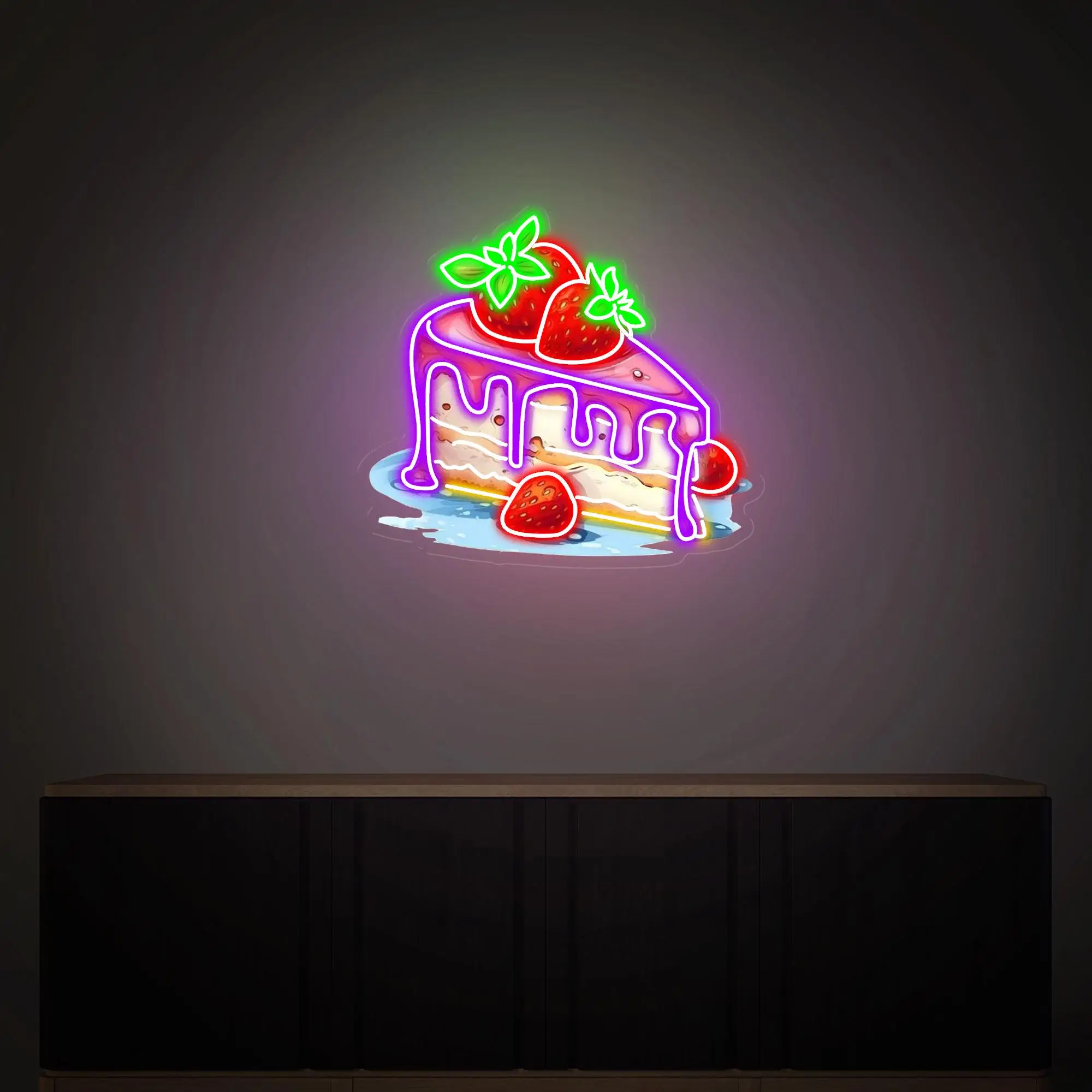 

Strawberry Cake Neon Sign UV Print Sign Wall Art Decor Cake Business Shop Neon Dessert Home Decor Dimmable Sign