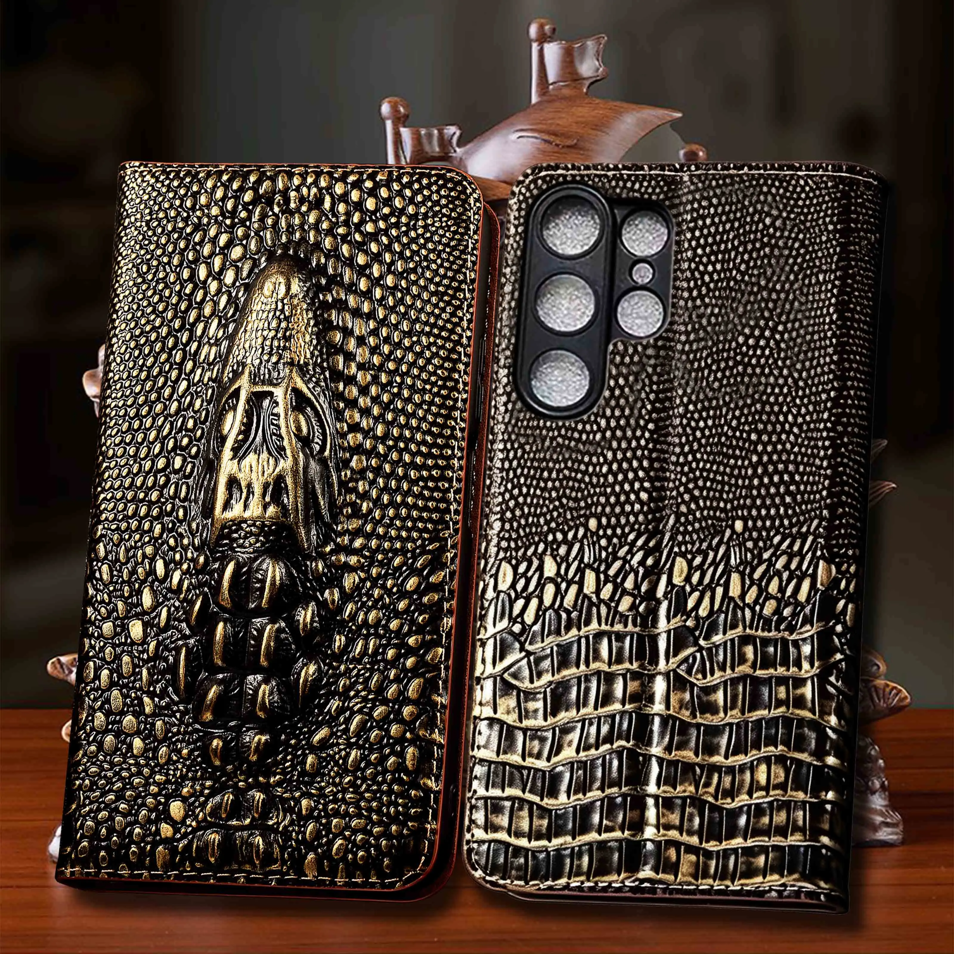 Genuine Leather Phone Case For Samsung Galaxy S21 S22 S23 S24 S25 S26 Edge Plus Ultra FE Vintage Crocodile Head Pattern FlipCase