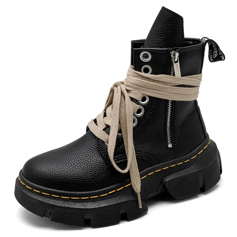 

2026 UK Sle Thi Bot Boots Women's Mid-Calf Motorcycle Boots with Tie ort Boots Waterproof Platform round Toe Boots