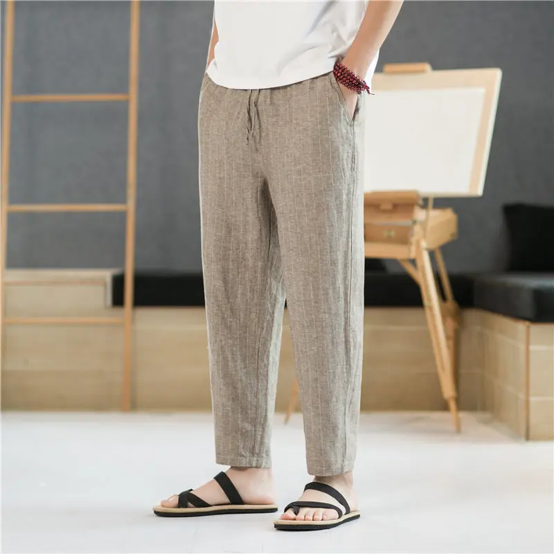 

Мужские повседневные брюки из хлопка и льна прямого кроя, летние, новые, свободные, с эластичным поясом, охлаждающие, тонкие, молодежные, модные