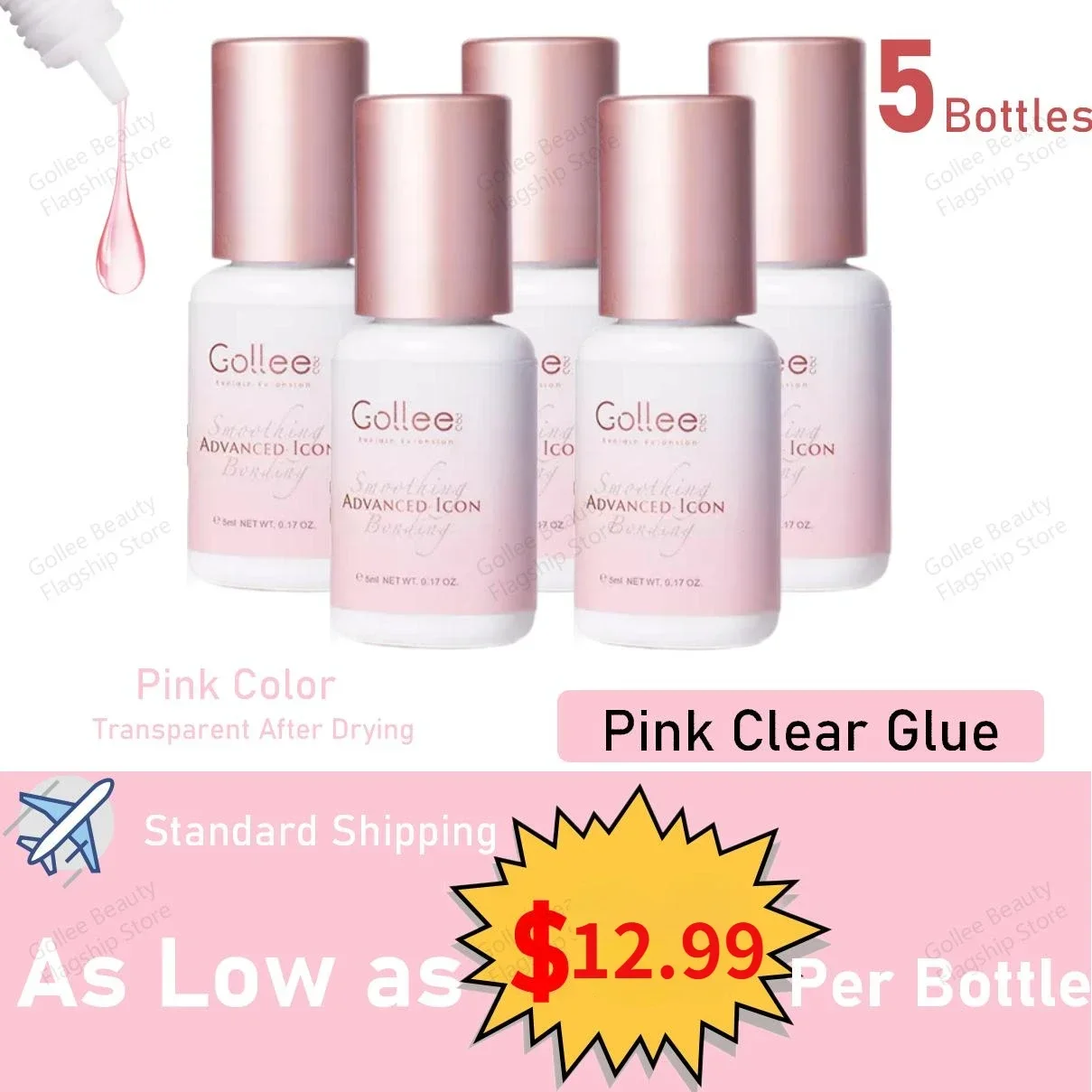 5 Bottles Gollee Pink Clear Glue Eyelash Glue Fast Drying Salon Artist eyelash extension Glue Waterproof Professional supplies