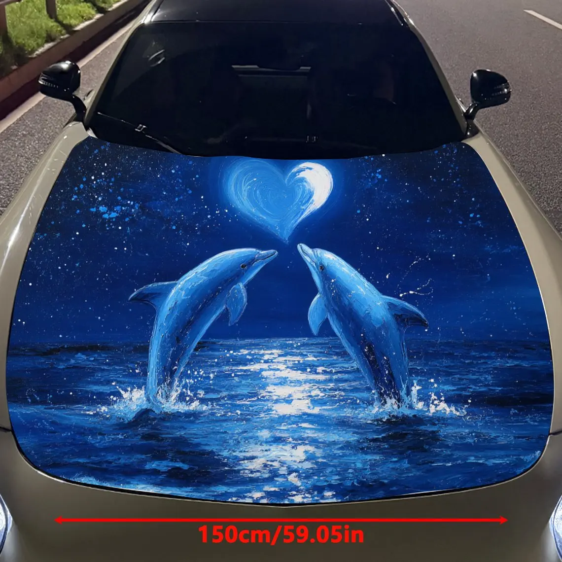 Car Decals Dolphins with Smooth Skin, Graceful Movements, Forming a Heart Shape, and a Moonlit Blue Ocean Scene Car Hood Sticker