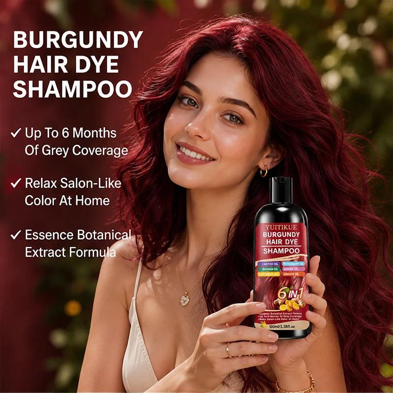 YUITIKUE Burgundy 6IN1 Hair Dye Shampoo 100ml 6 Plant Oils Ginger Extract Cover Grey Hair Long Last DIY Home Hair Color