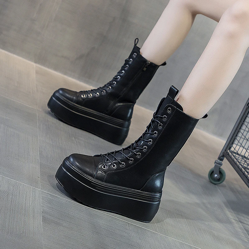 Women\'s Mid-Calf Boots 2025 Autumn Winter Genuine Leather Platform Boots Women Shoes Thick Sole Ladies Warm Plush Winter Boot