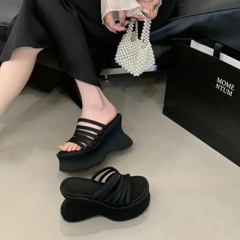 11CM Chunky Heeled Slippers 6cm Platform Sandals Woman Leopard Bow Beach Shoes Summer Belt Wedge Heels Sandalen Damen
