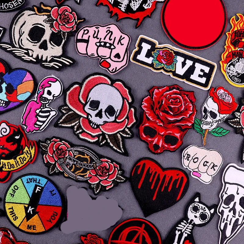 Rose Flower Skull Embroidered Patches For Clothing Thermoadhesive Patches Punk Hippie Stickers Iron On Patches On Clothes Badges