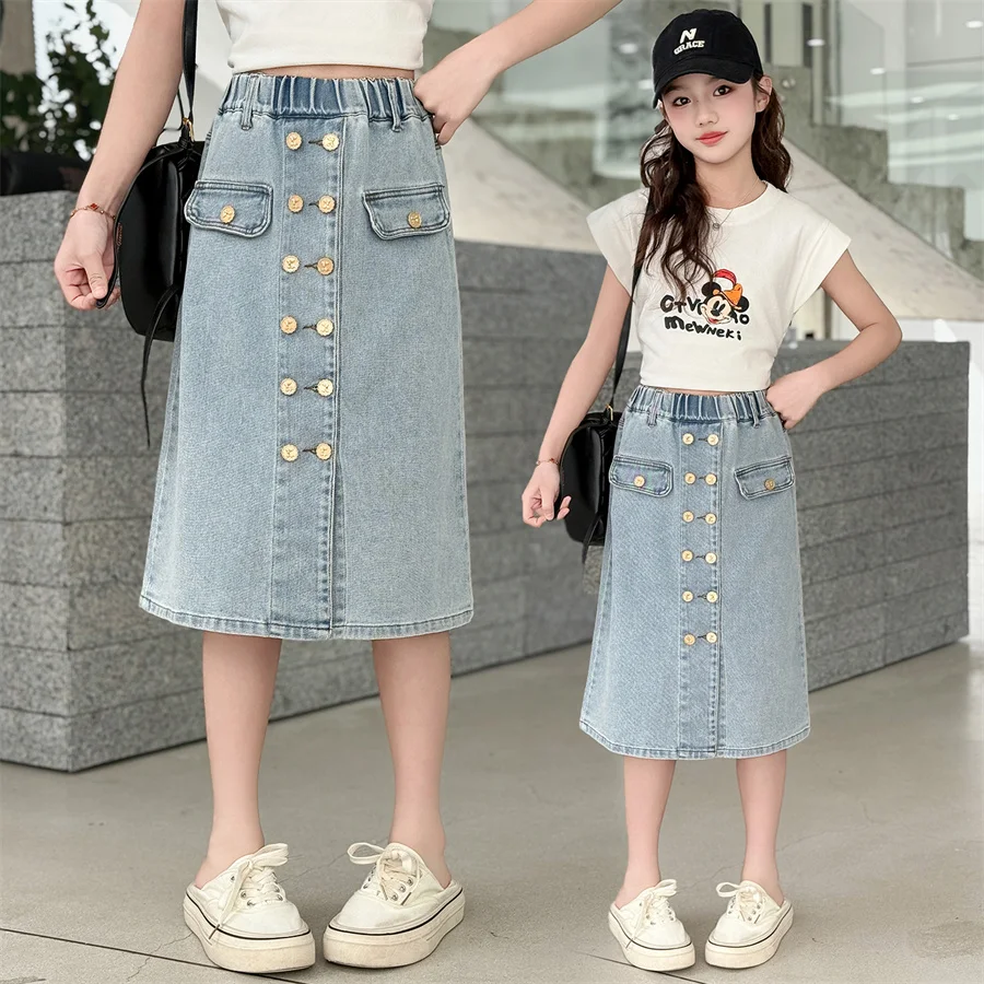 

Elegant Children Summer Long Denim Skirt with Buttons for Girls Stylish Streetwear Bottoms Tweens Kids Casual Jeans Skirt 5-14T