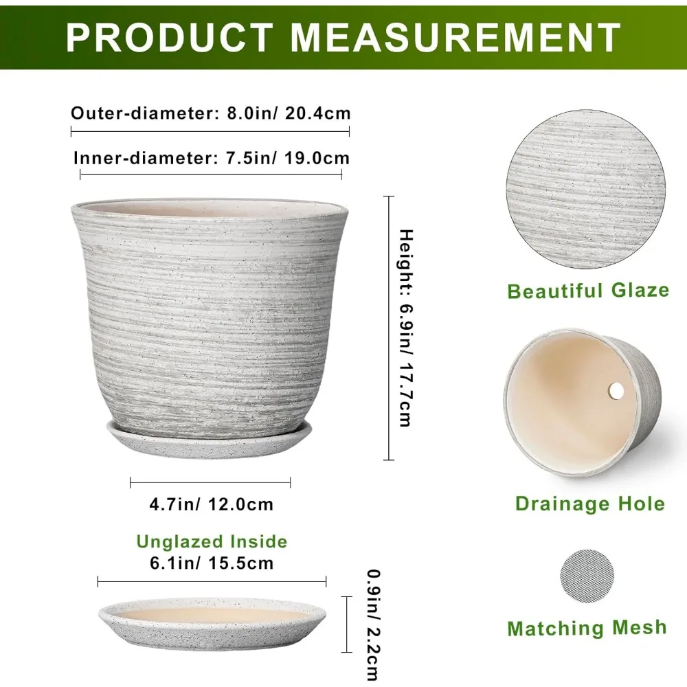 

8-дюймовый керамический горшок для растений с дренажным отверстием и блюдцем - современный домашний и уличный цветочный горшок для домашнего декора, садовые подарки