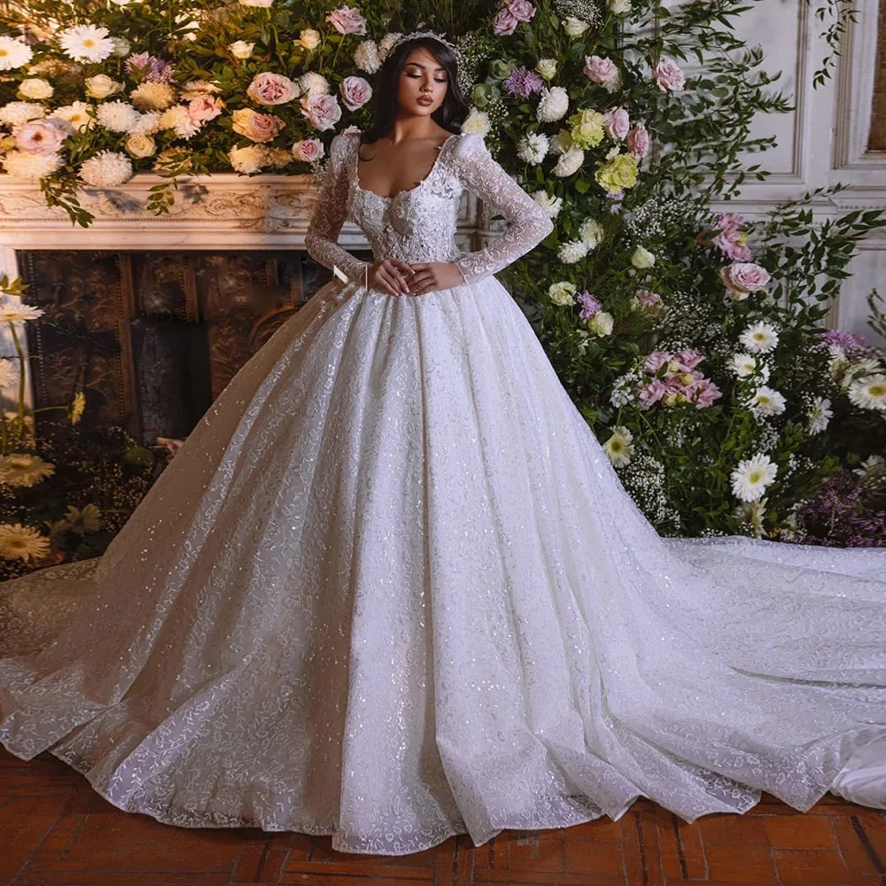 

Onelife customize Glitter Square Neck Wedding Dress Gorgeous Long Sleeve Robe De Mariage Luxury 3D Flowers Backless Bridal Gowns