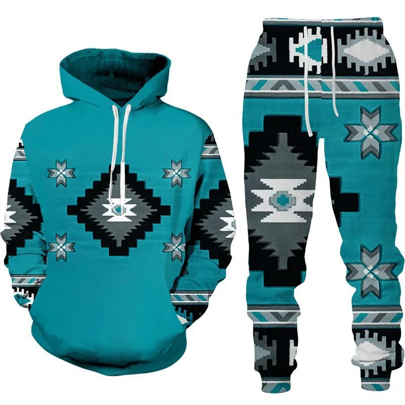 에스닉 스타일 3D 프린트 후드티 바지 세트 남성 패션 스웨트셔츠 후드티 스웨트팬츠 투피스 수트 트랙수트 남성 의류