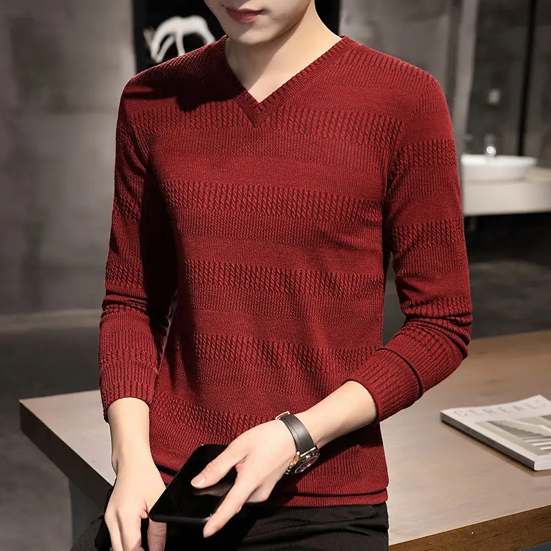 Autumn Winter New Fashion V-neck Long Sleeve Embossed Pattern Pullovers Men\'s Clothing Solid Knitting Casual All-match Chic Tops