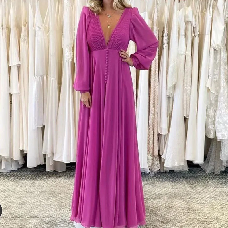 

Commute Solid Long Sleeve Draped Party Dress Sexy Deep V-neck Waist Loose Pleated Evening Dress Elegant Women Loose Hem Dress