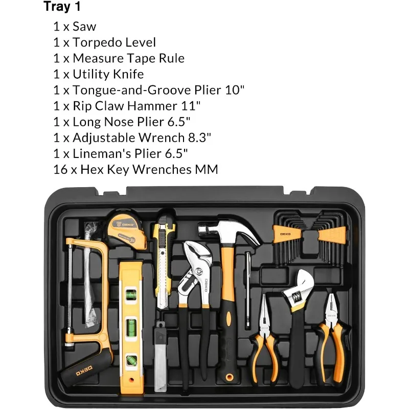 

DEKOPRO 258 Piece Tool Kit with Rolling Tool Box Socket Wrench Hand Tool Set Mechanic Case Trolley Portable