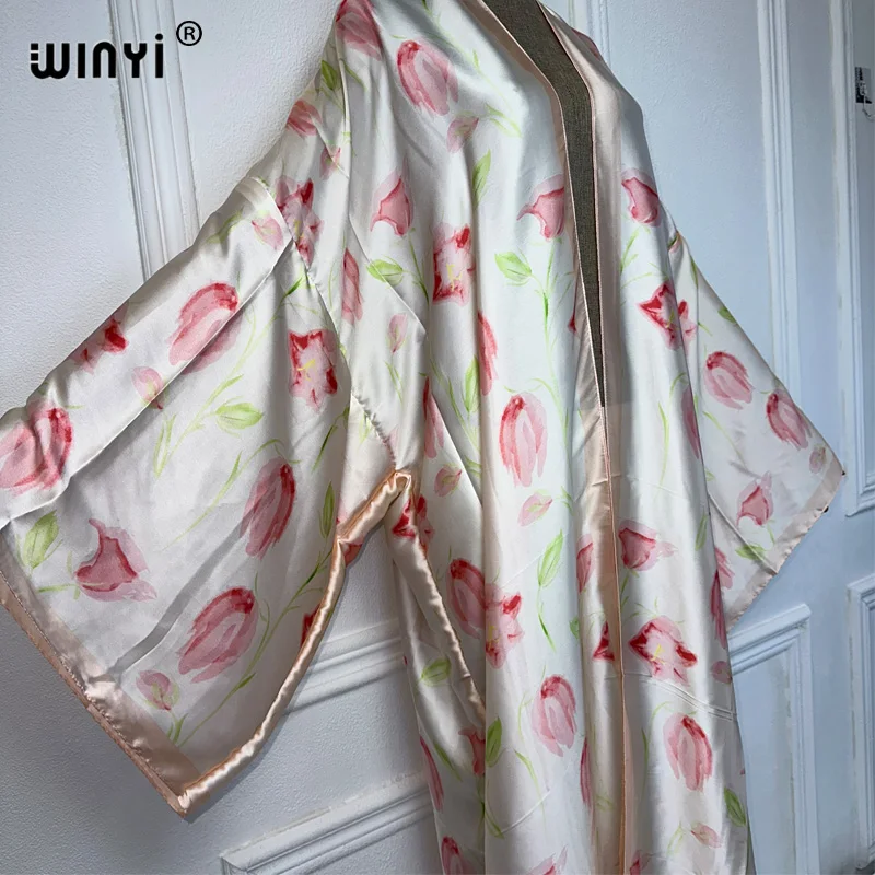 WINYI Kimono Women boho flower print Long Sleeve Cardigan Female Blouse Loose Abaya Beachwear Cover Up boho dress party kaftan