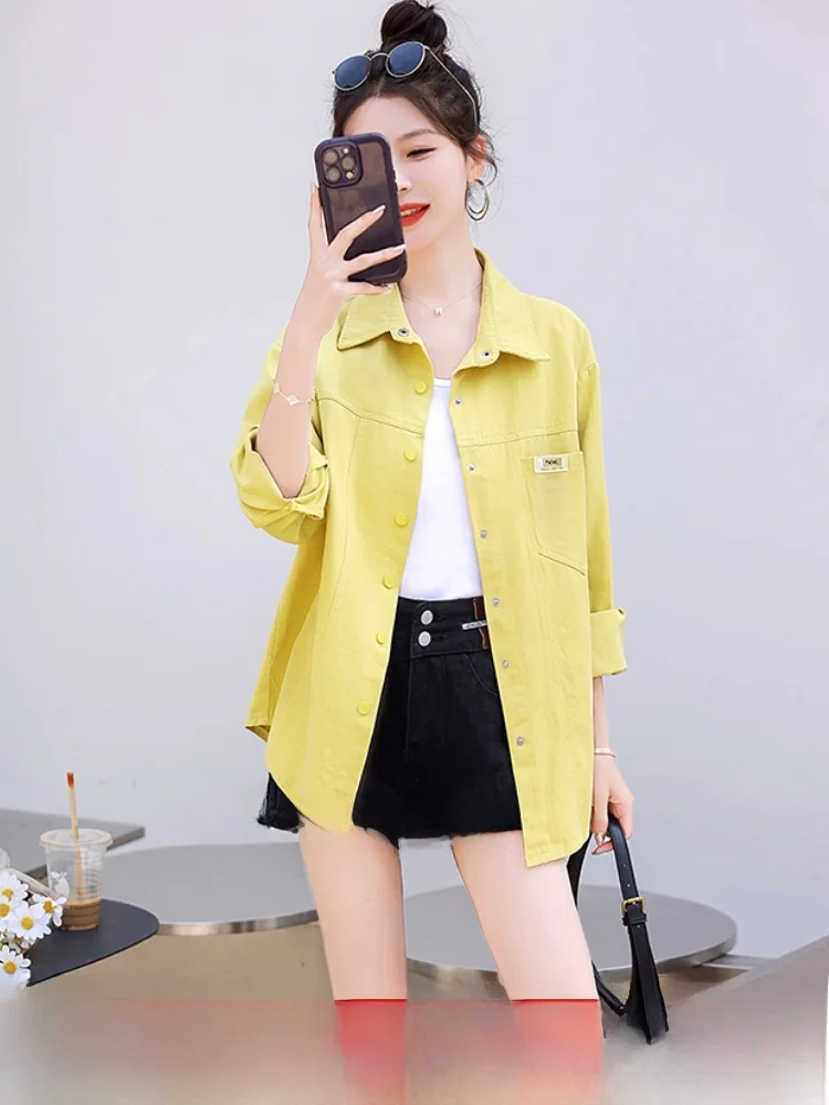 

Loose Denim irt Jaet Autumn Sle Multi-Color Women's Casual Faion Commute Korean Version Long Sve Button Detail
