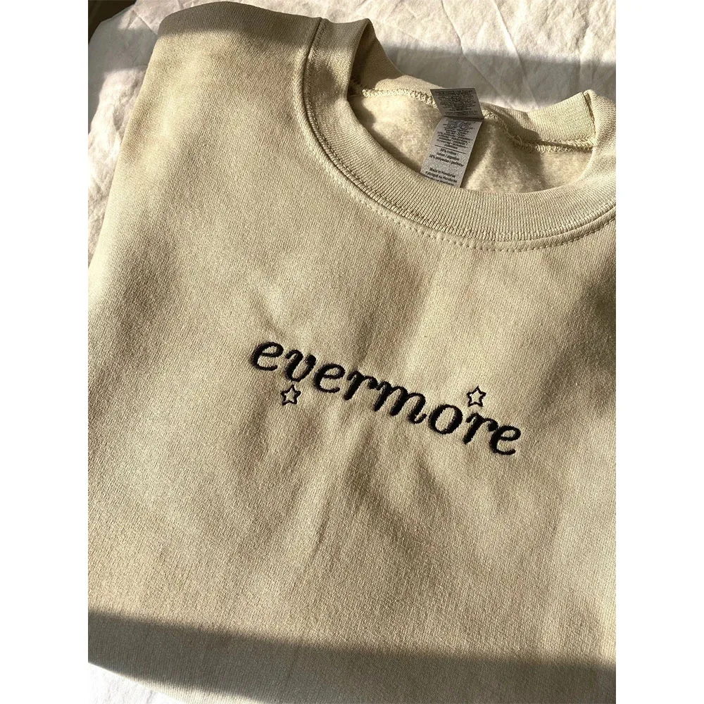 Evermore Letters Embroidered Crewneck Sweatshirts Autumn Long Sleeve Loose Cotton Thick Fleece Warm Pullover Unisex Sweatshirt