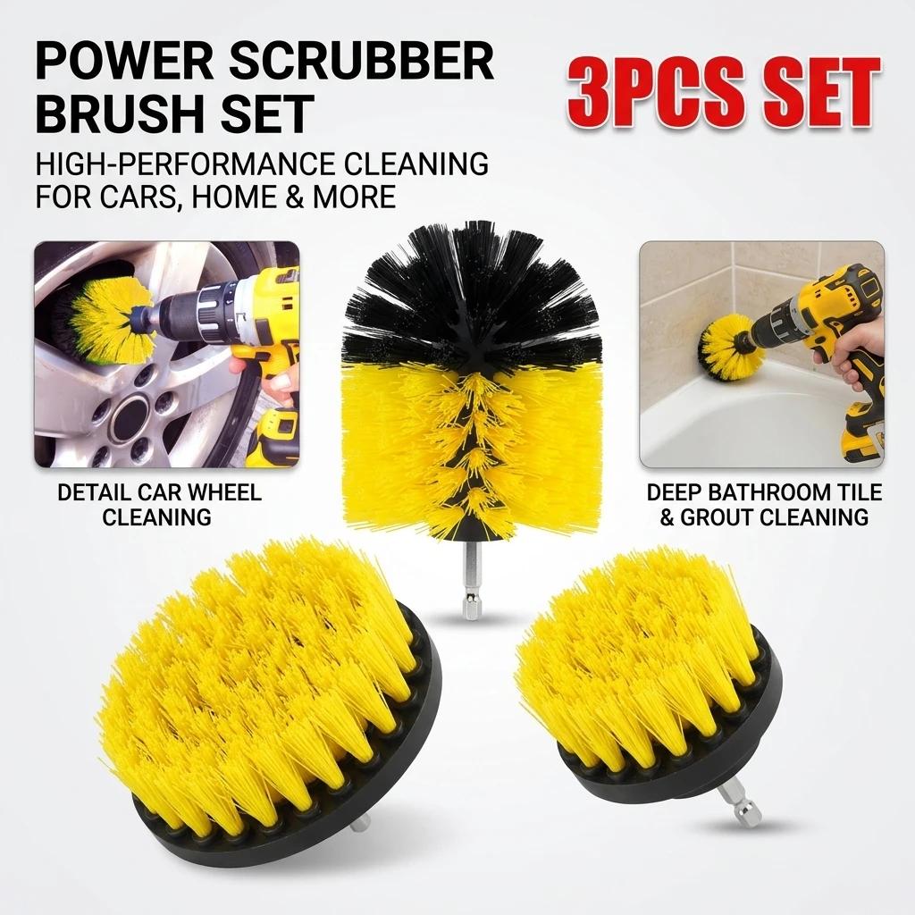 3Pcs Electric Drill-Brush Kit Power Scrubber Brush For Carpet Bathroom Surface Tub Furniture Shower Tile Tires Cleaning Tool