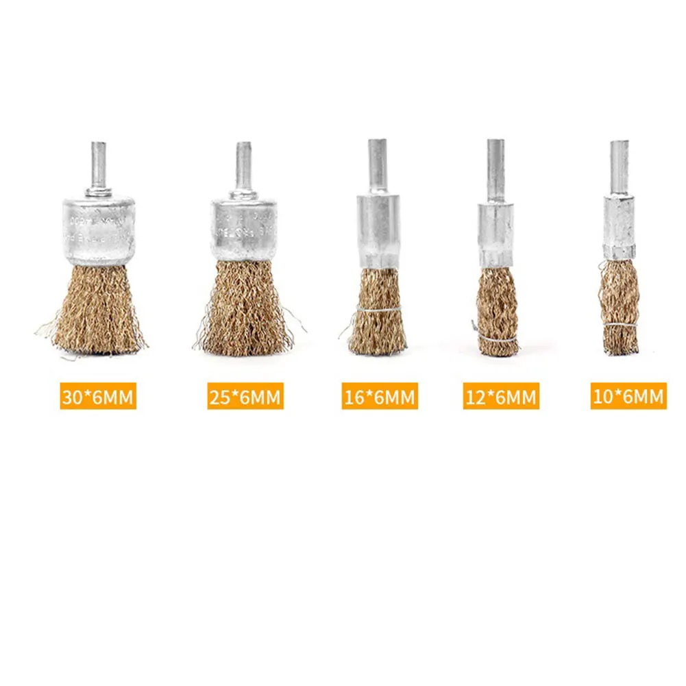 5Pcs 6mm Shank Copper Plated Stainless Steel Wire Wheel Brushes For Rotary Tools 10-30mm Diameter For Rust Removal Grinding