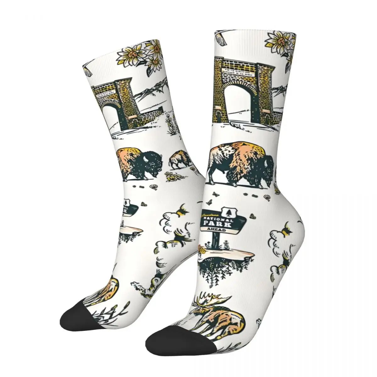 Funny National Park Travel Pattern Men's Socks Vintage Harajuku Yellowstone Hip Hop Novelty Casual Crew Crazy Sock Gift Printed