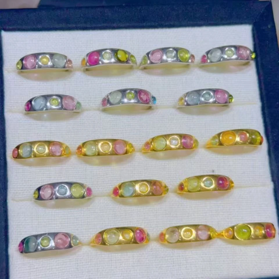 925 Sterling Silver Rainbow Tourmaline Ring Candy Color Gemstone Band Ring for Women