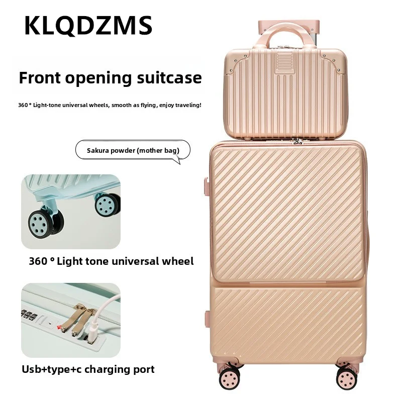 KLQDZMS New Suitcase Front Opening Laptop Boarding Case USB Charging Multi-function Trolley Case 20