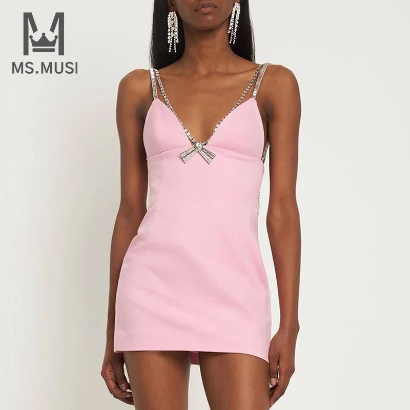 

MSMUSI 2024 New Fashion Women Sexy Slim Strap Crystal Bow Chain Sleeveless Backless Bodycon Party Club Event Mini Dress Vestidos