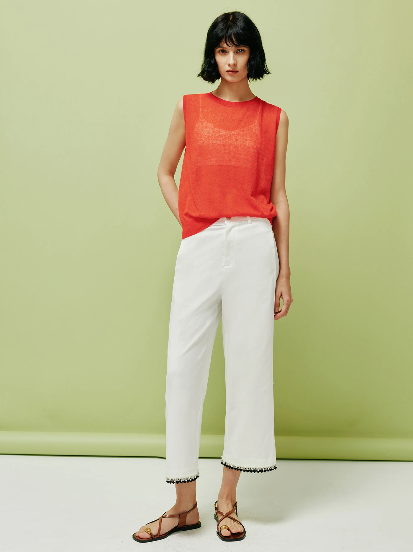 Casual Lenzing Cotton Twill Waist Pants Half Elastic Straight Leg Nine Points Pants Breathable Skin-Friendly Spring Summer Au...