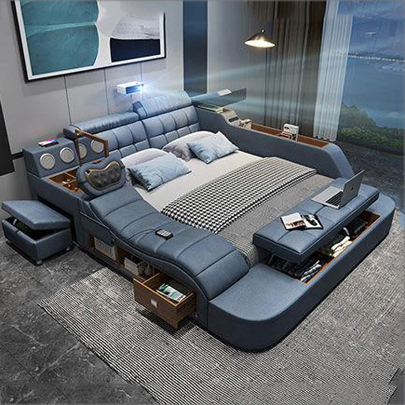 Luxury Single Frame Double Bed Style Wood Nordic Massage Smart Bed Twin Multifunctional Letto Multifunzione Bedroom Furniture