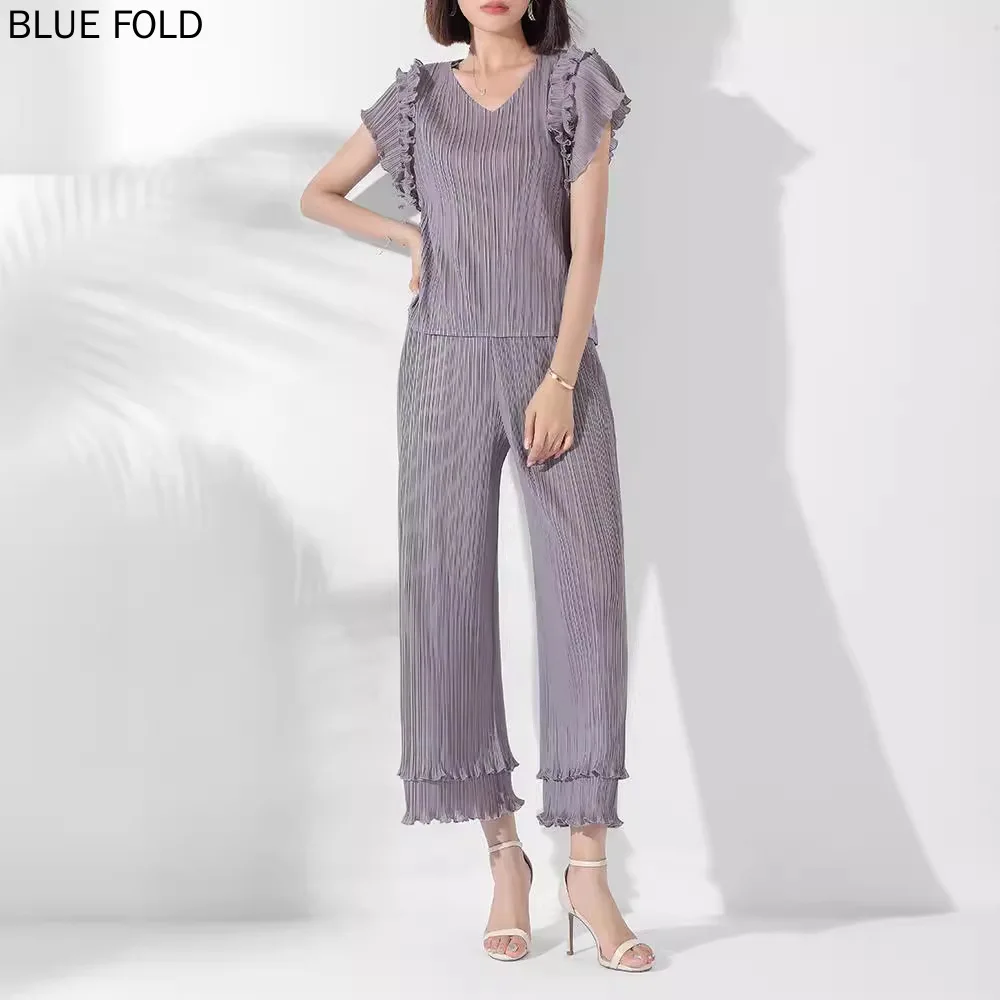 MIYAKE Summer New Fashion Casual Set for Women Elegant Ruffled V-neck Pullover Top and Stretch Straight Pants Two-piece Suit