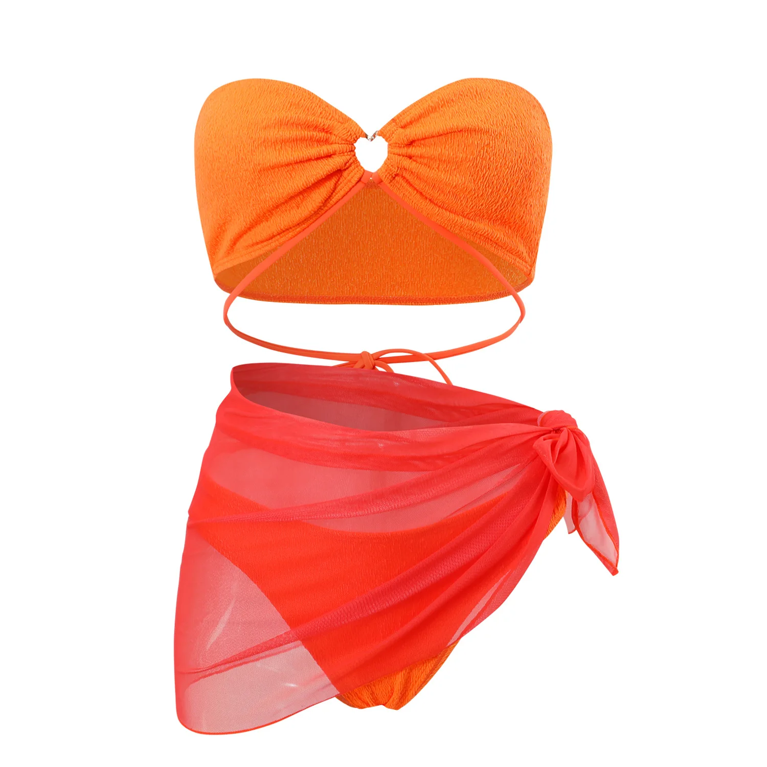 Bikini-Set für Damen, Orange, Bandeau, Schleife, Netzstoff, Überzug, 3-teilig, 2025, Sommer, sexy Strand-Badeanzug