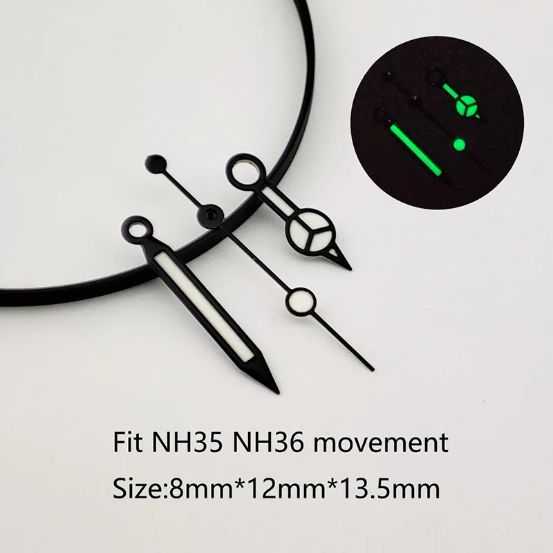 Black Mercedes Style Green C3 Luminous Needles Watch Accessories Suitable for NH35 NH34 NH36 Diver Watch Hands Set Pointer Pin