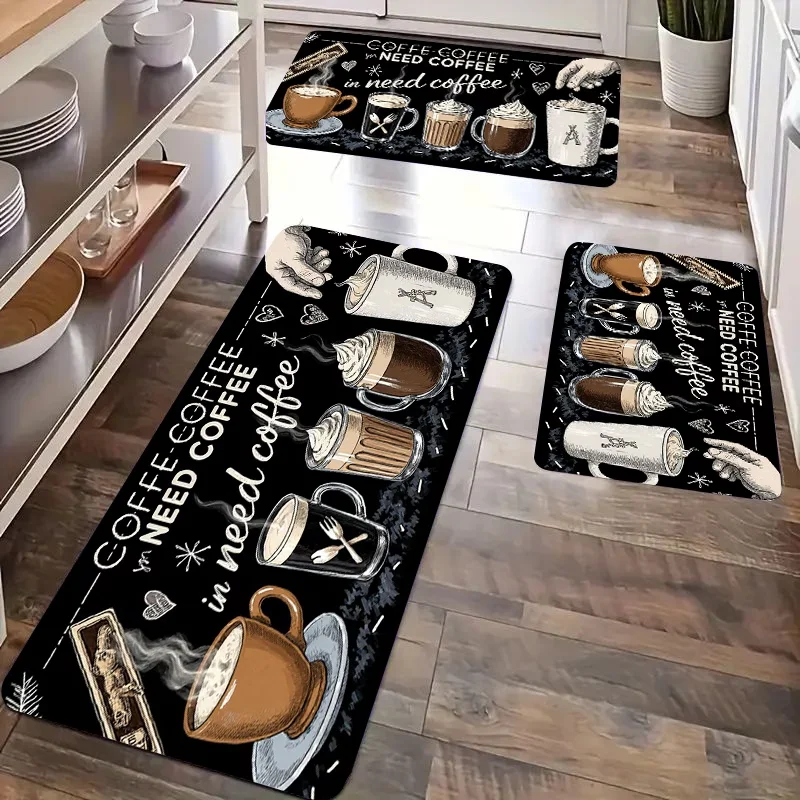Coffee Pattern, Machine-Washable, Dirt-Trapping Rectangular Mat for Bathroom, Living Room, Doorway & Contemporary