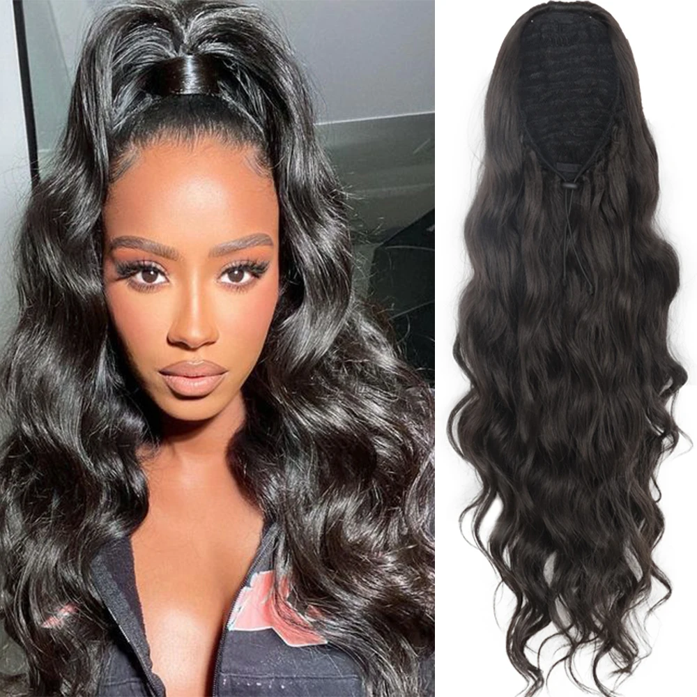 

26 "синтетическое наращивание для женщин, синтетические длинные объемные волны, наращивание хвоста, черный зажим для хвоста на шнурке в шиньоне