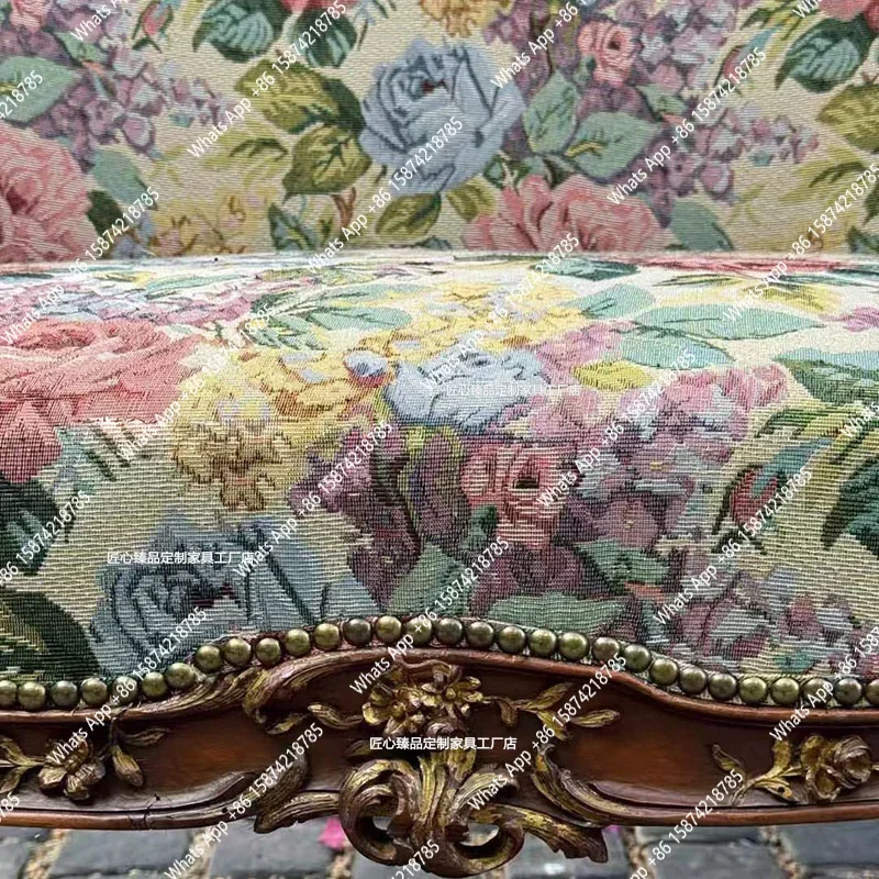 

S French Retro Solid Wood Double Three-person Sofa Fabric Printing American Pastoral Carving Leisure Studio Sofa Chair