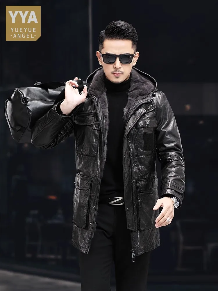 Oil Wax Cowhide Mens Genuine Leather Jacket Slim Fit New Winter Mink Fur Lining Middle Long Hooded Multiple Pockets Cargo Coat