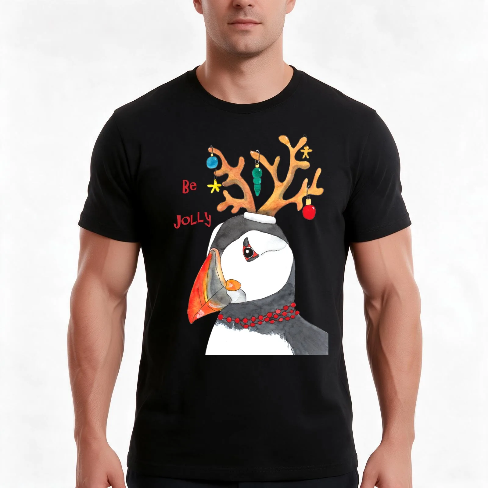 Christmas puffin greetings be jolly T-Shirt, Summer Casual Cotton Tee, Oversized Streetwear Tops, Vintage Graphic Print