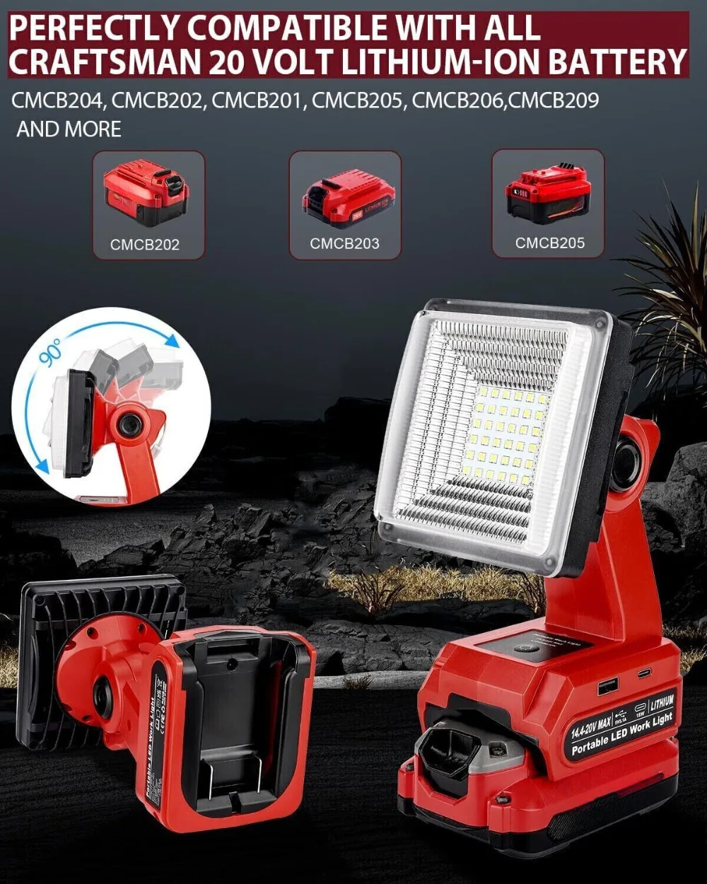 1500LM LED Work Light for Craftsman V20 20V Battery Outdoor Flood Light With USB for Jobsite Car Repairing, Camping Emergency