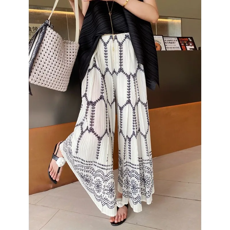 

Женские широкие брюки с принтом в этническом стиле в стиле ретро и широкие свободные брюки, модные универсальные летние брюки-кюлоты