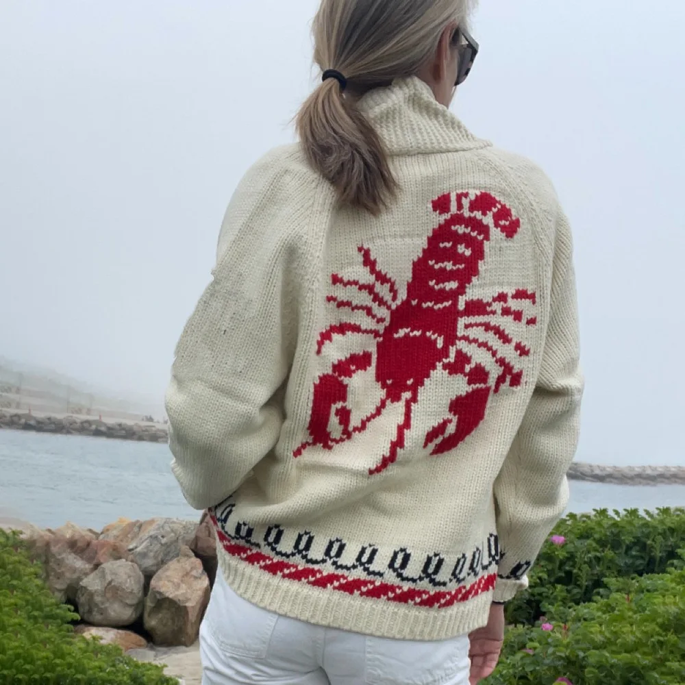 

Женский вязаный кардиган 2025 года, осенне-зимний повседневный однобортный кардиган с принтом лобстера, вязаная куртка