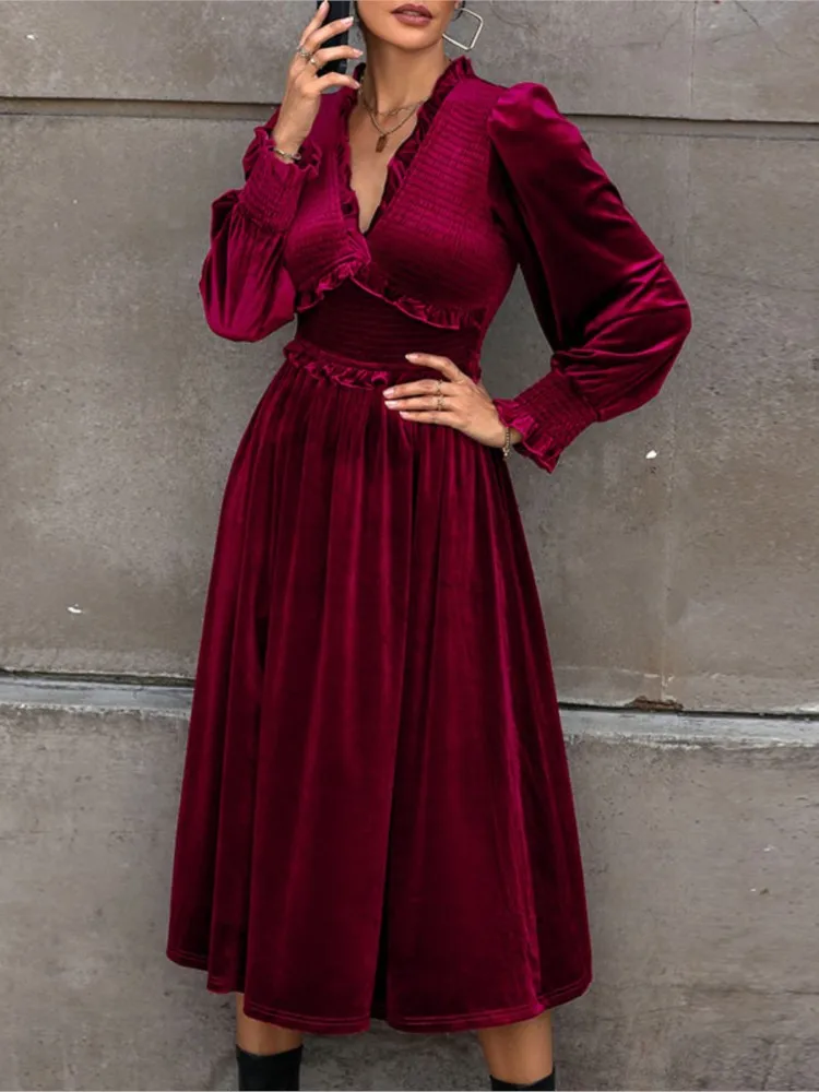 

Solid Color Dress For Women Temperament Elegant Slim V-neck Long Sleeved Dresses Autumn Vestidos Para Mujer Commuting Clothing