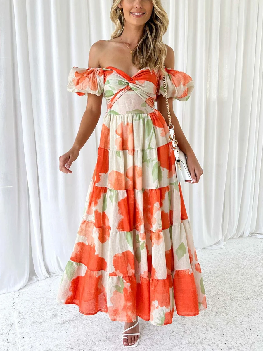 

Women Floral Prints Beach Bohemain Long Dress Elegant Puff Sleeve Twist Bowknot Square Neck Ruched A-line Dresses Maxi for Party