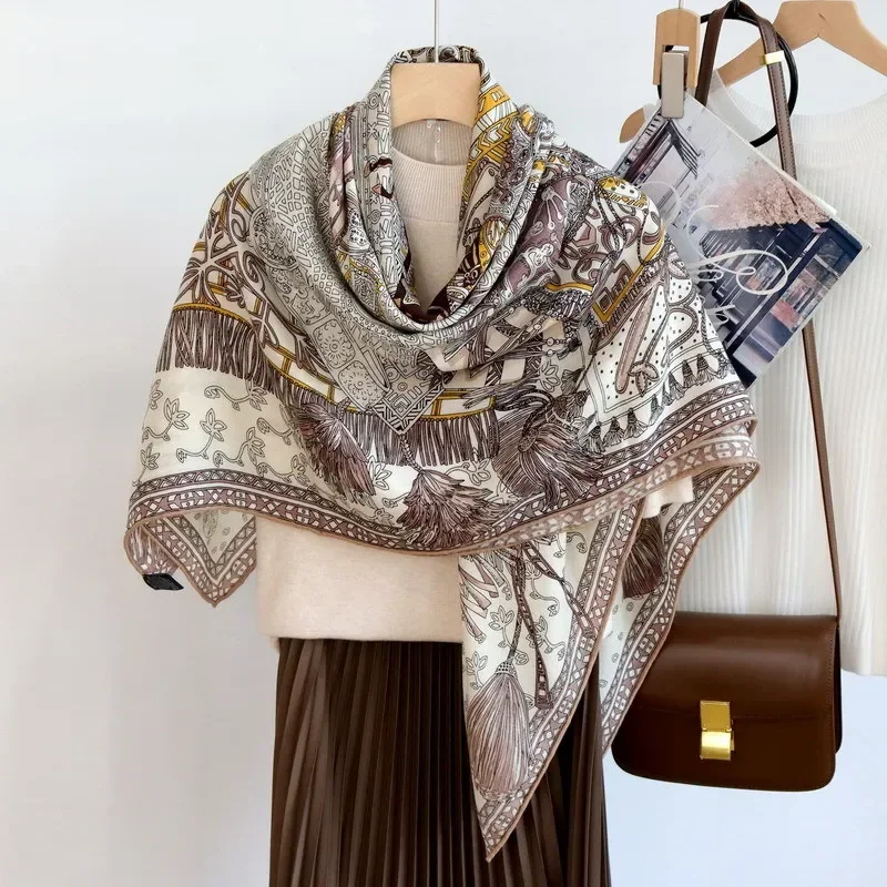 High-end Elegant Women Exquisite Caucasian Knight Print Quality Silk Wool Hand-rolled Edge Warm Soft Large Square Scarf Shawl