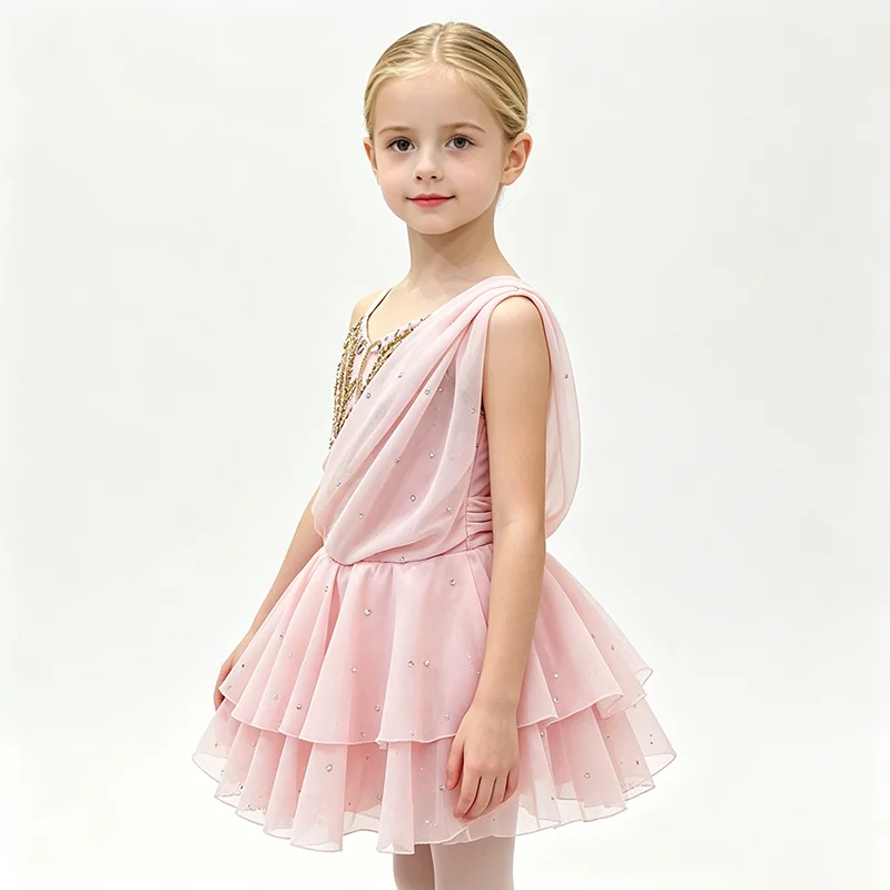 Women adjustable thin strap V neck short ballet performance dress gilded scroll rhinestone embroidery draped chiffon multi-layer
